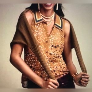 Sz XS  CAbi “ Cheers” Golden Yellow, Blue & White Sleeveless Blouse